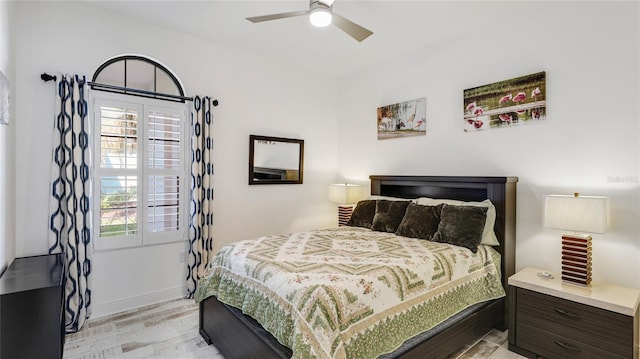 bedroom featuring ceiling fan and light wood-type flooring