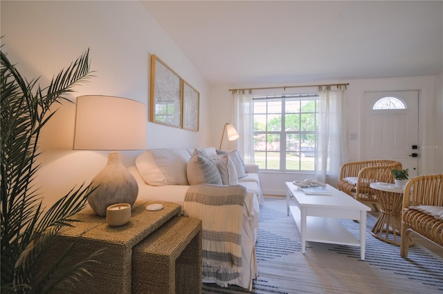 living room featuring lofted ceiling