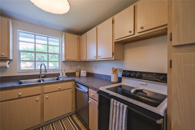 kitchen featuring sink, range with electric cooktop, dishwasher, and light brown cabinets