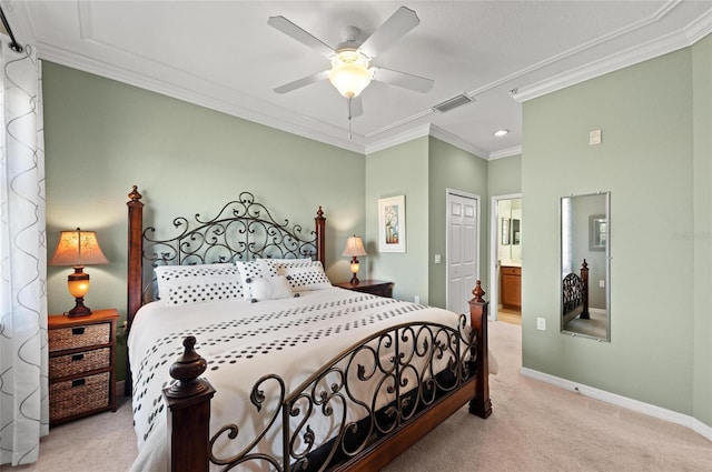 carpeted bedroom featuring connected bathroom, crown molding, a closet, and ceiling fan