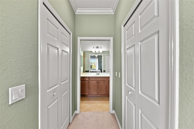 corridor featuring crown molding, sink, and light carpet