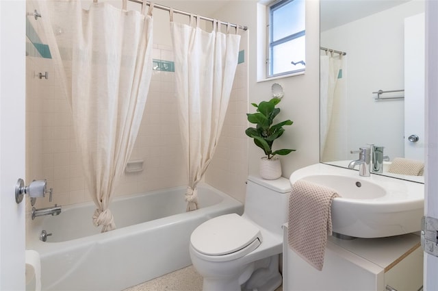 bathroom with shower / bath combination with curtain and toilet