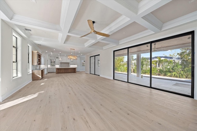 unfurnished living room featuring coffered ceiling, beam ceiling, and light hardwood / wood-style floors