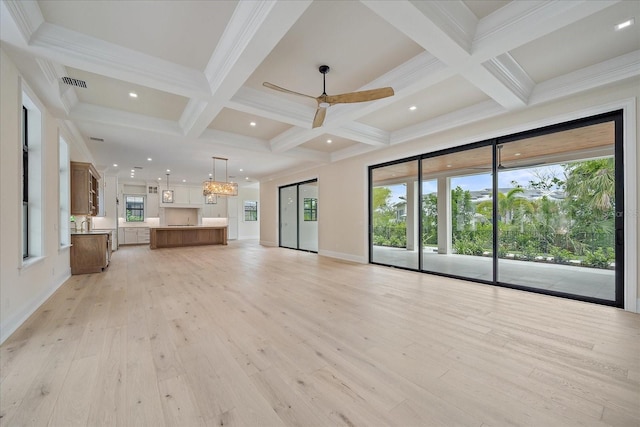 656 Tropical Cir, Sarasota, FL 34242 - unfurnished living room with a ceiling fan, light wood-type flooring, beamed ceiling, visible vents, and coffered ceiling