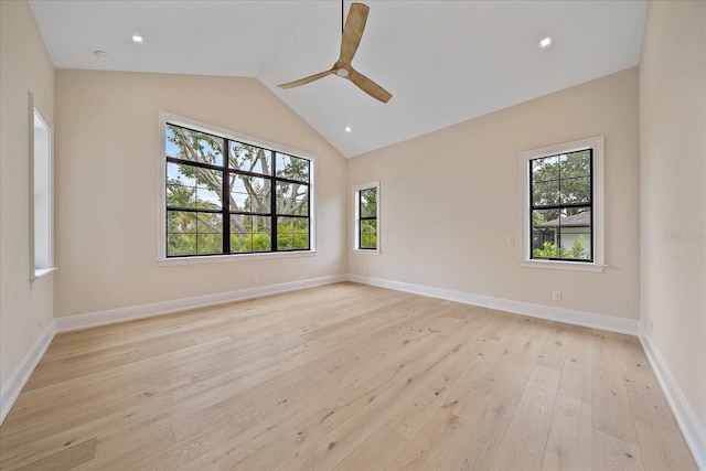 656 Tropical Cir, Sarasota, FL 34242 - unfurnished room featuring high vaulted ceiling, light wood-style flooring, a ceiling fan, baseboards, and recessed lighting