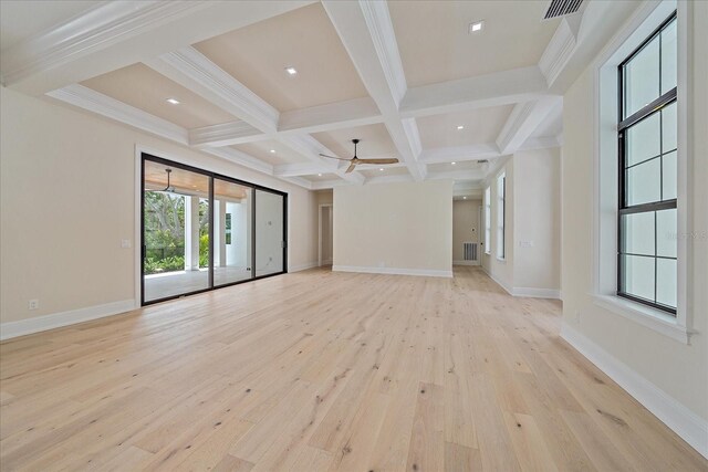 656 Tropical Cir, Sarasota, FL 34242 - unfurnished living room with a ceiling fan, light wood-type flooring, beamed ceiling, visible vents, and coffered ceiling