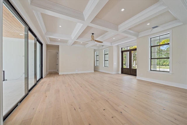 656 Tropical Cir, Sarasota, FL 34242 - unfurnished living room with light wood finished floors, baseboards, beamed ceiling, visible vents, and coffered ceiling