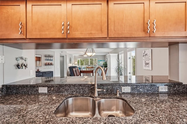 kitchen with sink and dark stone countertops