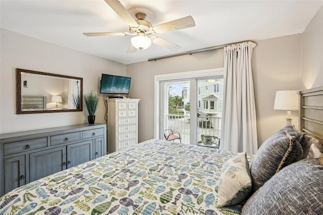 bedroom featuring ceiling fan and access to exterior