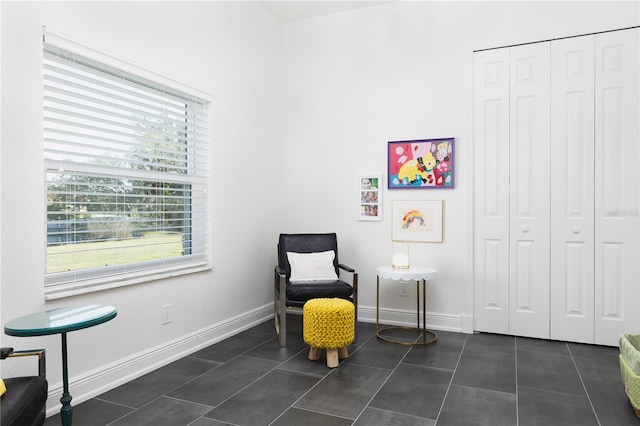 living area with dark tile patterned floors