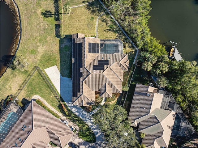 aerial view featuring a water view