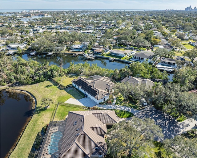 bird's eye view with a water view