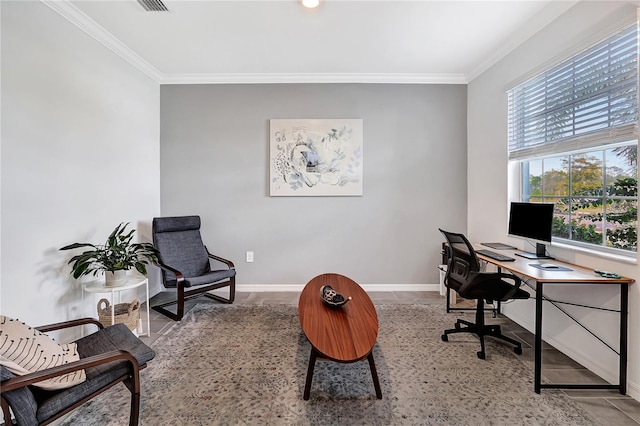 tiled office space featuring ornamental molding