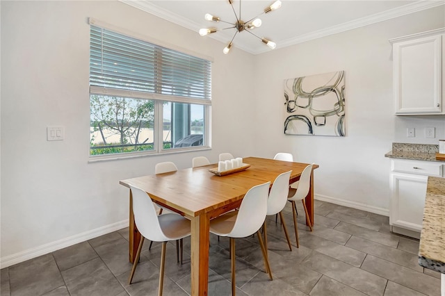 dining area featuring ornamental molding, light tile patterned floors, and a chandelier