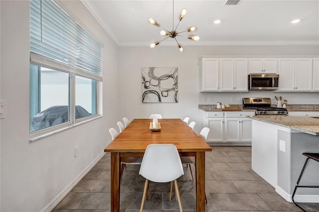 tiled dining room with crown molding and a chandelier