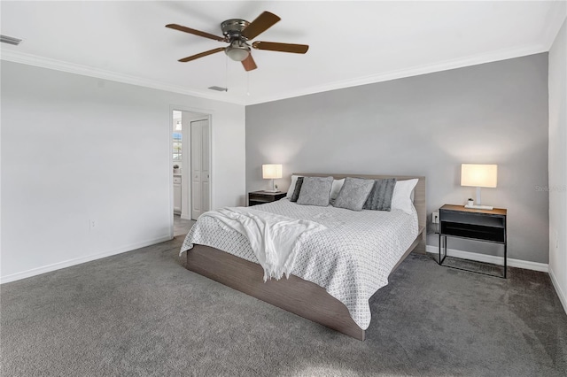 carpeted bedroom with ornamental molding and ceiling fan