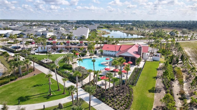 aerial view featuring a water view