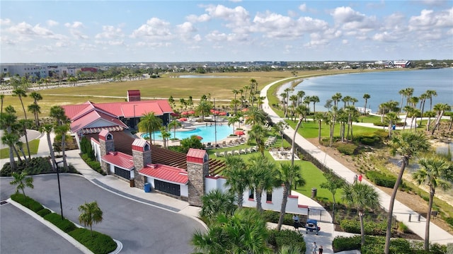 aerial view featuring a water view