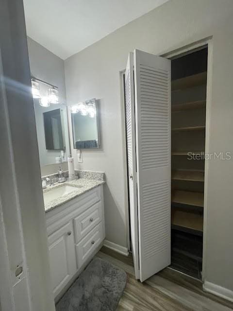 bathroom with vanity and hardwood / wood-style floors