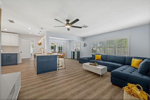 living room with wood-type flooring, a textured ceiling, and plenty of natural light