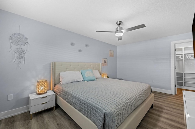 bedroom featuring ceiling fan, a walk in closet, and dark hardwood / wood-style flooring