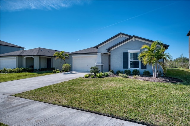 single story home with a garage and a front yard