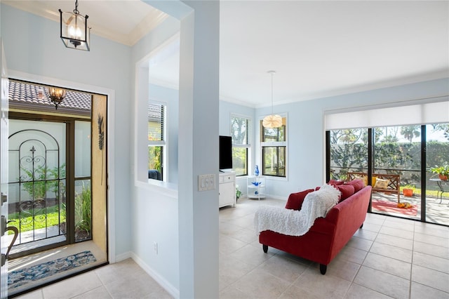 tiled entrance foyer with ornamental molding