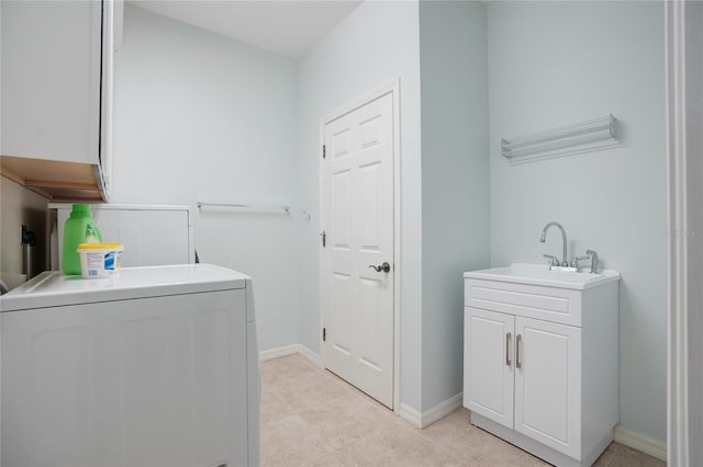 washroom with stacked washer / dryer and sink