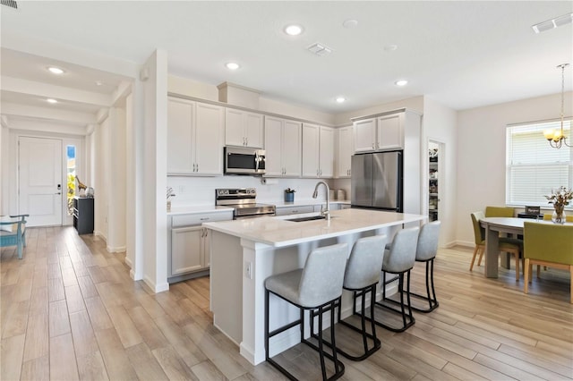 kitchen with sink, appliances with stainless steel finishes, a kitchen island with sink, white cabinets, and decorative light fixtures