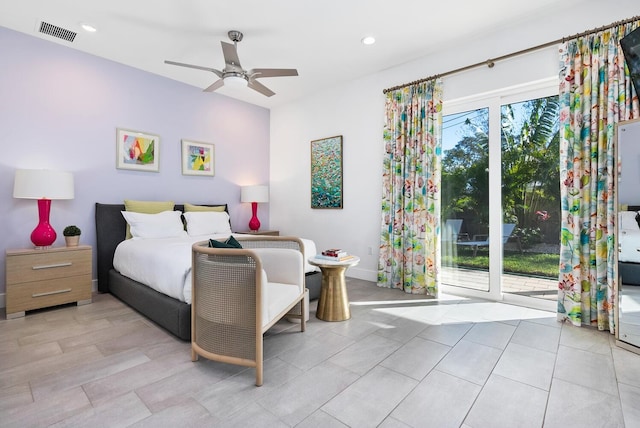 bedroom with ceiling fan, access to exterior, and multiple windows