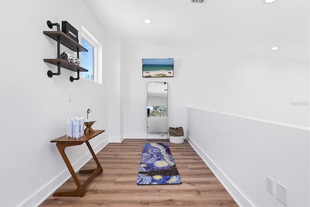 entryway with hardwood / wood-style flooring