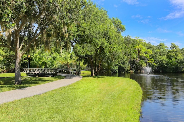 view of home's community with a water view and a lawn