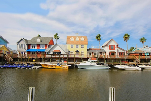 view of water feature with a dock