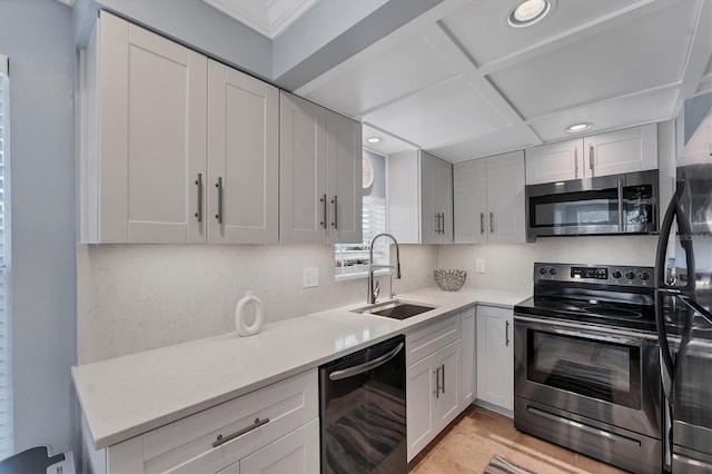 kitchen with white cabinetry, sink, tasteful backsplash, and black appliances