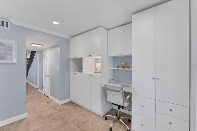 office area featuring crown molding