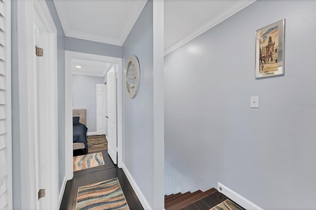 corridor featuring dark wood-type flooring and ornamental molding