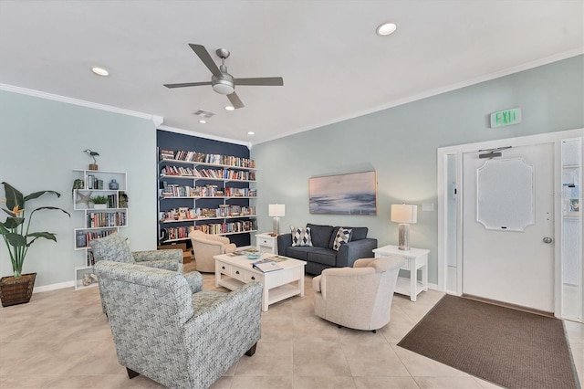 living room with light tile patterned floors, crown molding, and ceiling fan