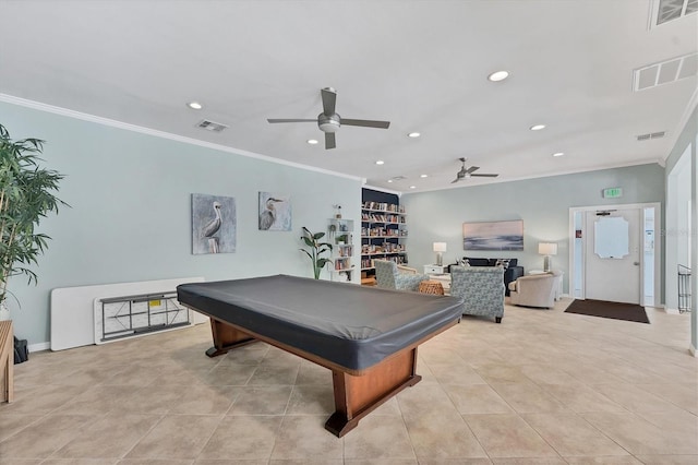 rec room featuring crown molding, pool table, ceiling fan, and light tile patterned floors