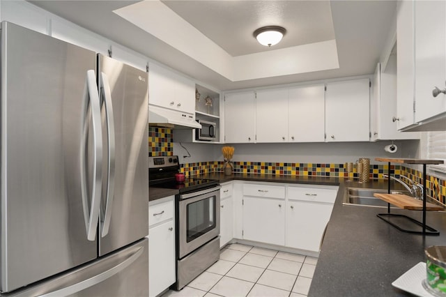 kitchen with sink, white cabinetry, stainless steel appliances, tasteful backsplash, and a raised ceiling