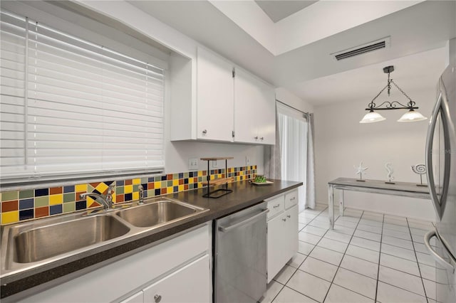 kitchen with sink, tasteful backsplash, hanging light fixtures, appliances with stainless steel finishes, and white cabinets