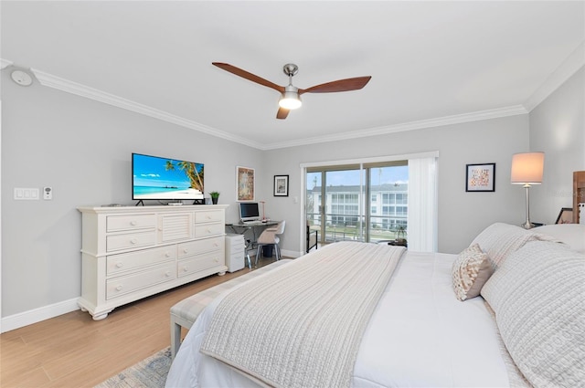 bedroom featuring ornamental molding, access to exterior, ceiling fan, and light wood-type flooring