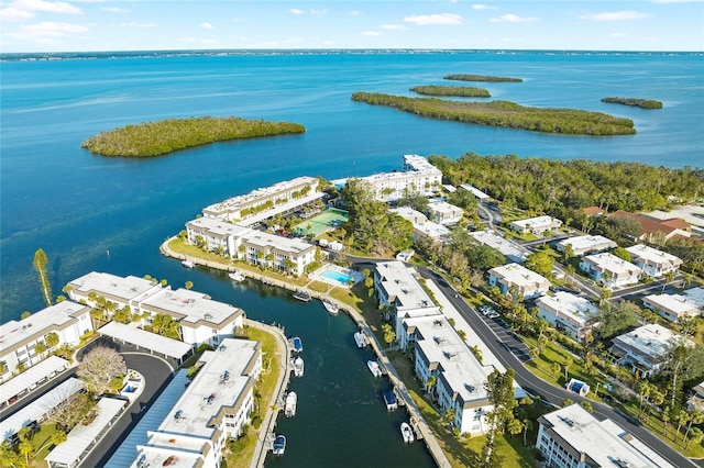 drone / aerial view with a water view