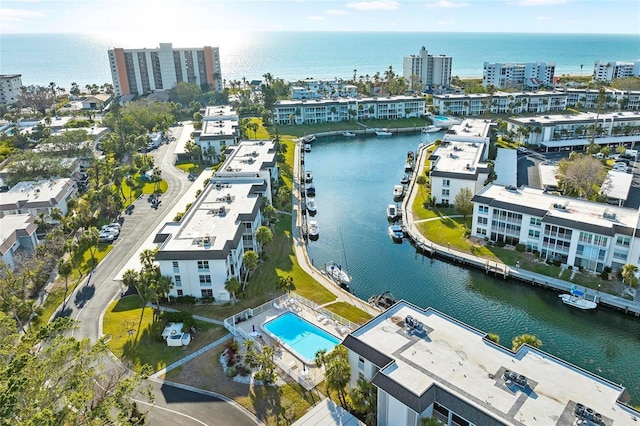 bird's eye view with a water view