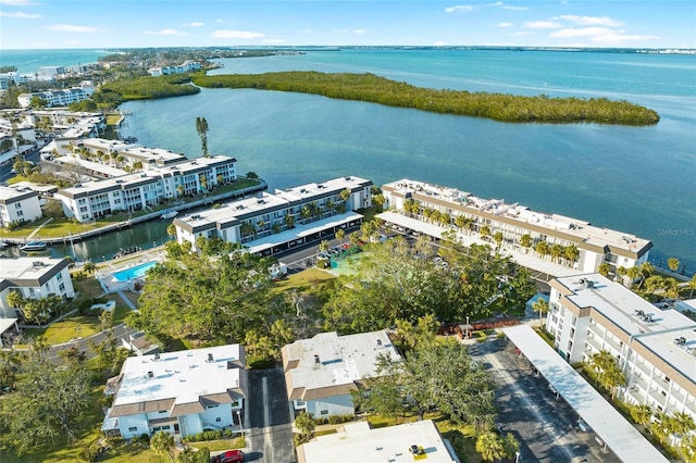 drone / aerial view with a water view