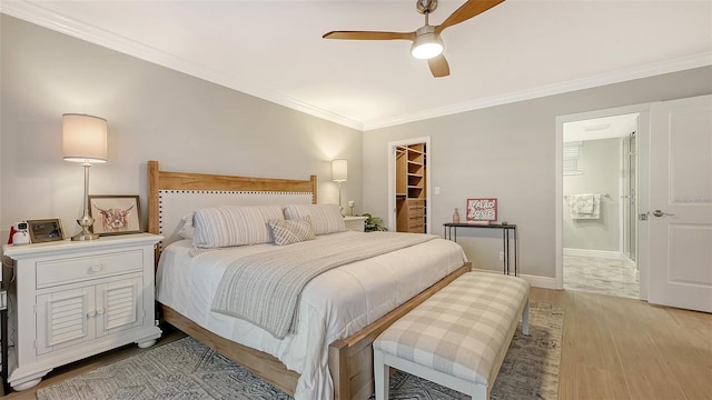 bedroom featuring baseboards, a spacious closet, light wood-style floors, ceiling fan, and crown molding