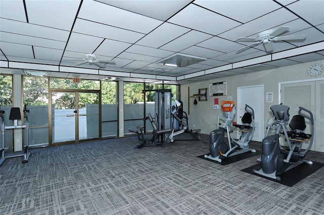 gym featuring carpet flooring and ceiling fan