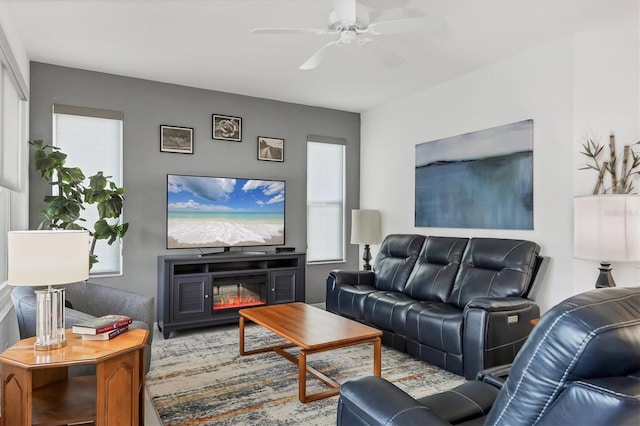 living room with ceiling fan