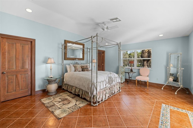 bedroom featuring baseboards, recessed lighting, visible vents, and tile patterned floors