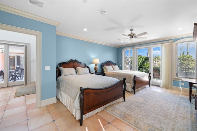 bedroom with recessed lighting, visible vents, ornamental molding, access to outside, and baseboards