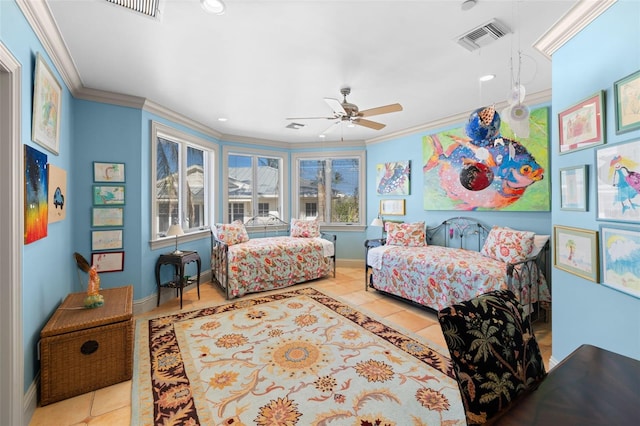 bedroom with baseboards, tile patterned flooring, visible vents, and crown molding